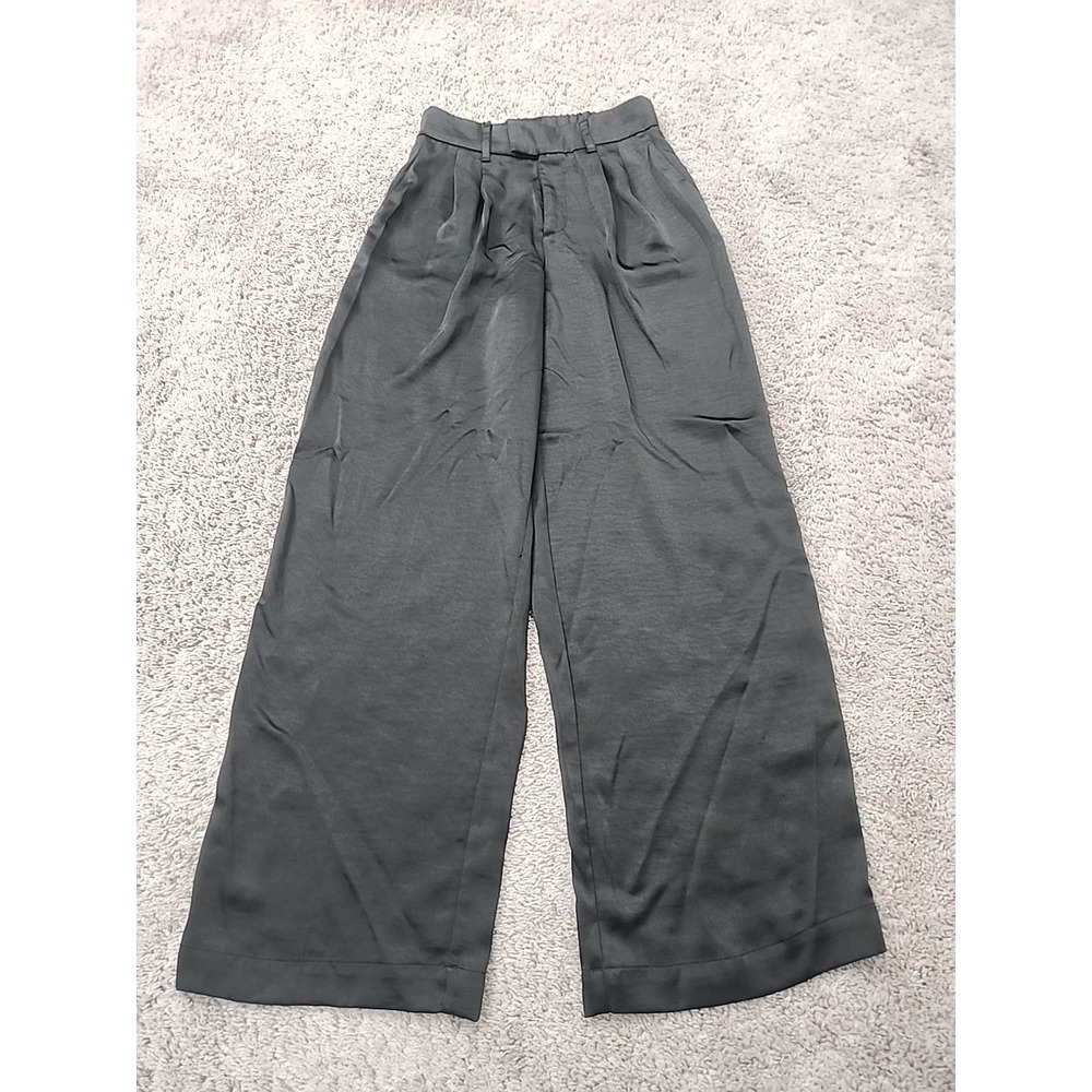 A New Day Pants Womens 2 Black Satin High Rise Wide Leg Pleated Elastic Waist